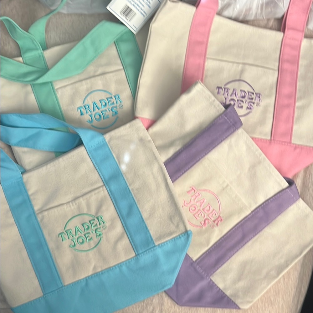 4 Trader Joe’s canvas Tote Bag Set - Blue, Green, Pink, Purple
